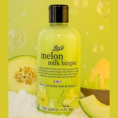 Boots Melon Milk Bingsu 3-in-1 Shower Gel, Bubble Bath & Shampoo 500ml