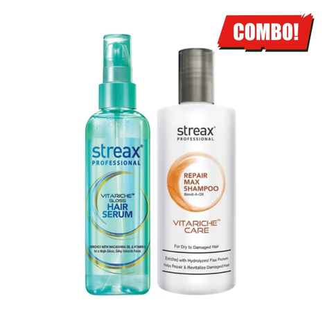Streax Professional Vitariche Gloss Hair Serum 115ml  + FREE Repair Max Shampoo100 ml