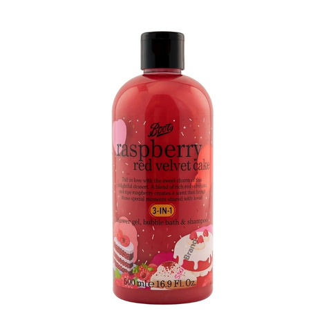 Boots Raspberry Red Velvet Cake 3-in-1 Shower Gel, Bubble Bath & Shampoo  500ml